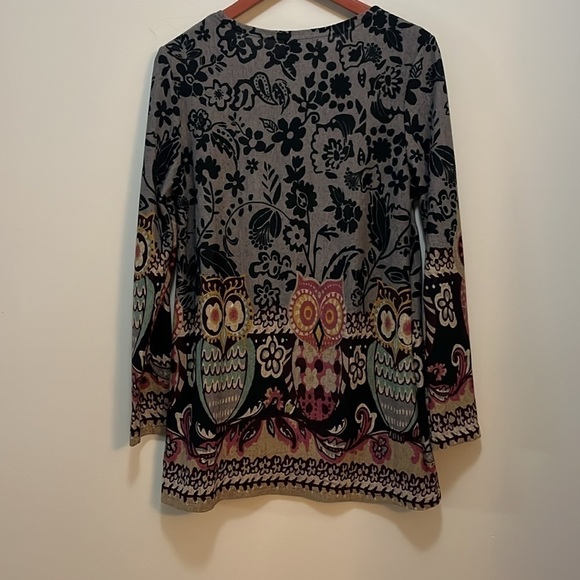 La Madona Tunic Soft Long Sleeve Owl Animal Print Scoop-neck Pullover Top size M - Picture 3 of 9